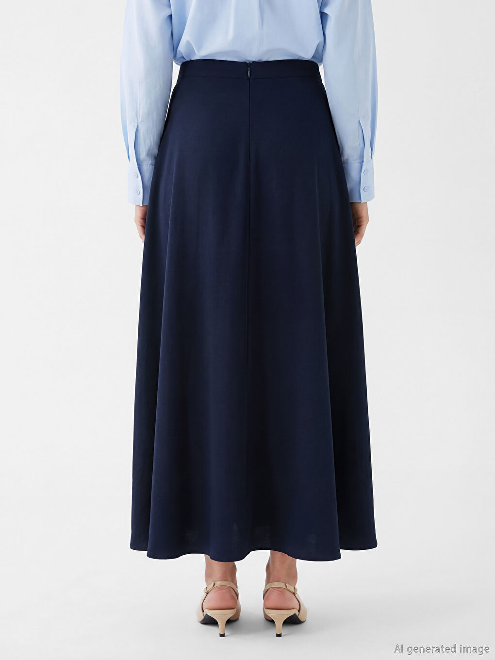 Lacivert Beli Fermuarlı Kloş Etek-3