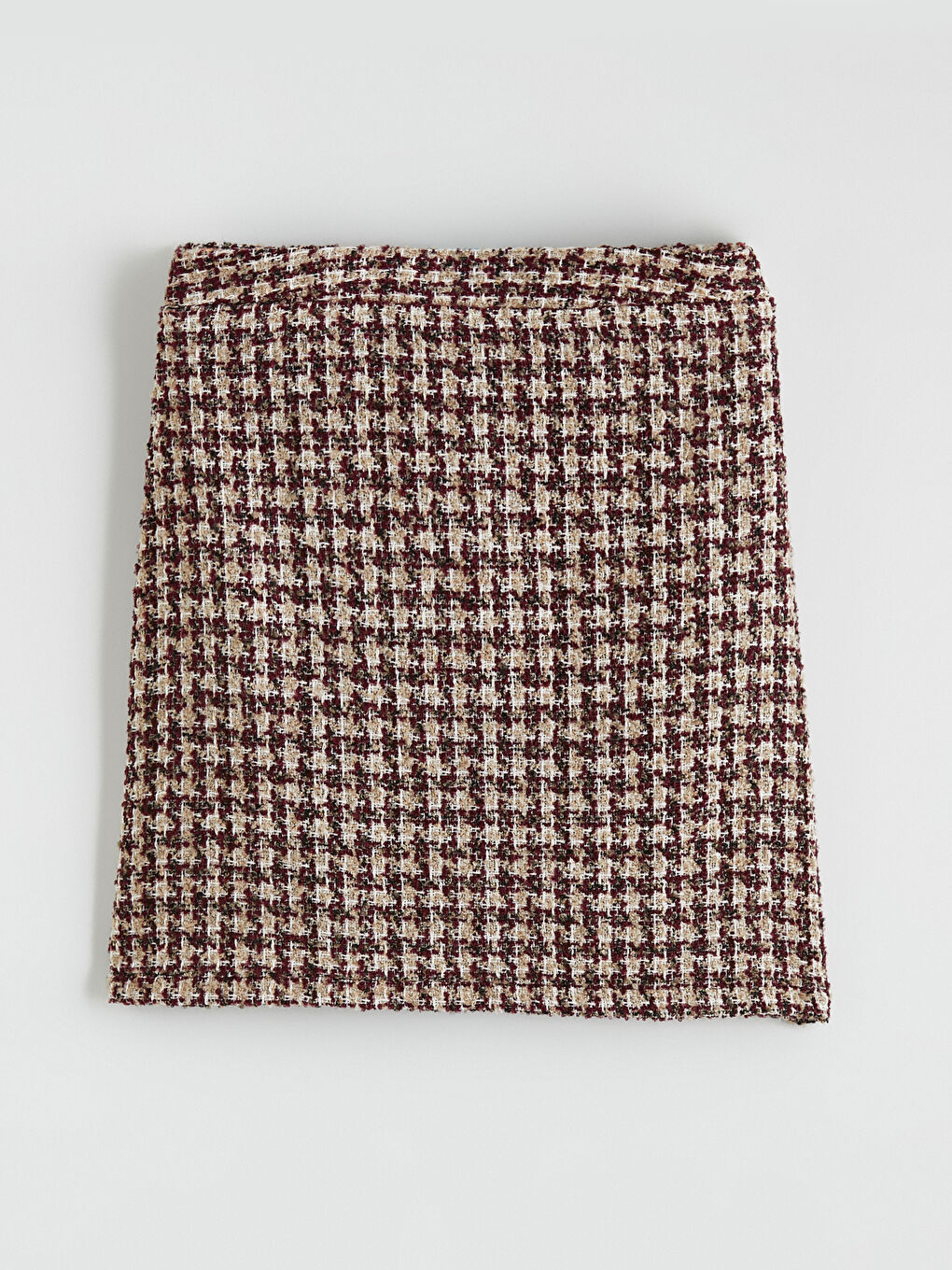 Kırmızı Beli Fermuarlı Kazayağı Desenli Mini Etek