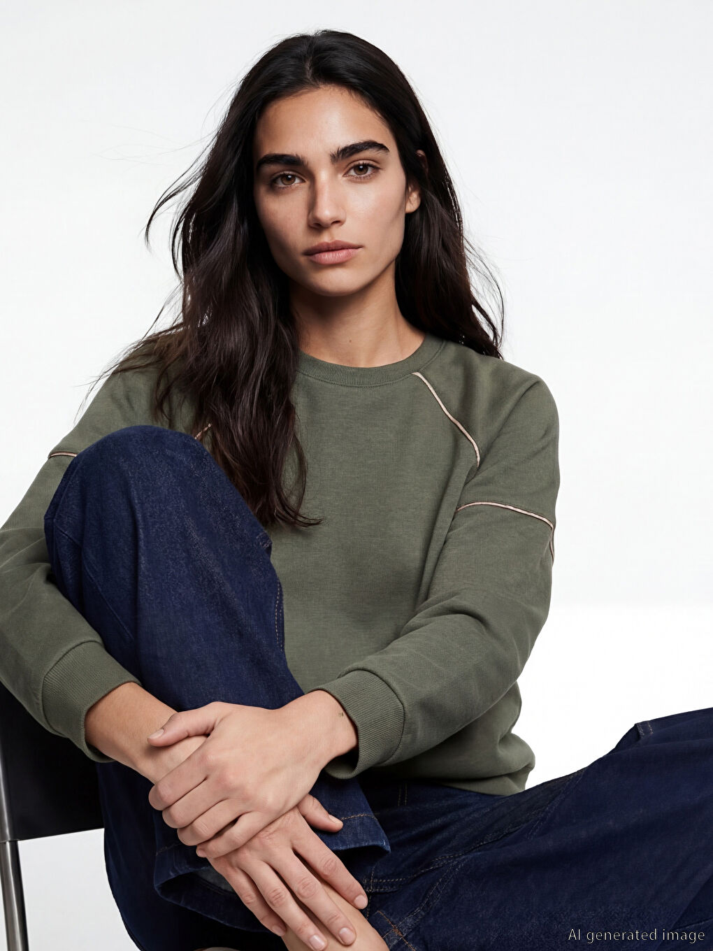 Haki Bisiklet Yaka Kadın Sweatshirt