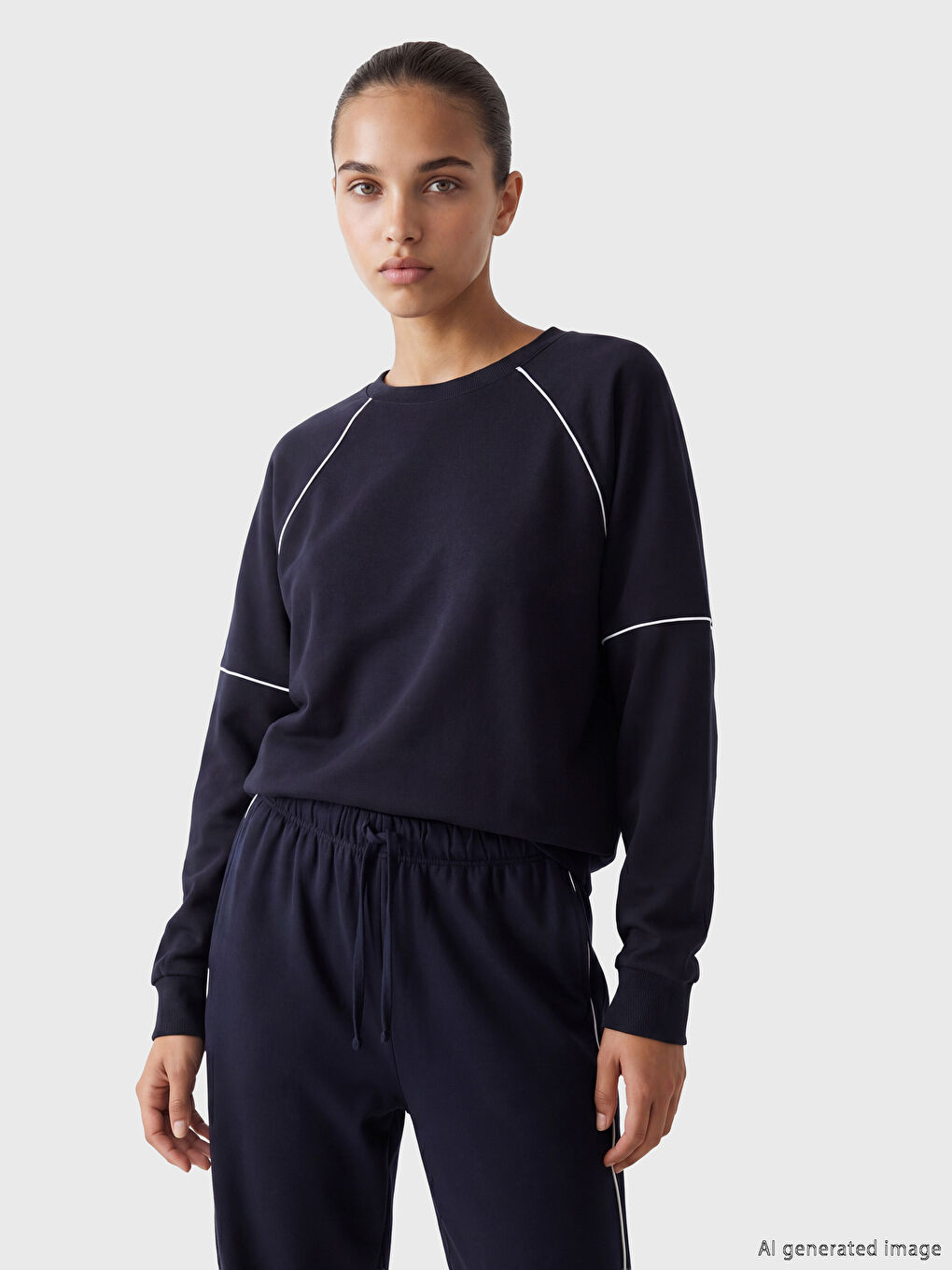 Lacivert Bisiklet Yaka Kadın Sweatshirt