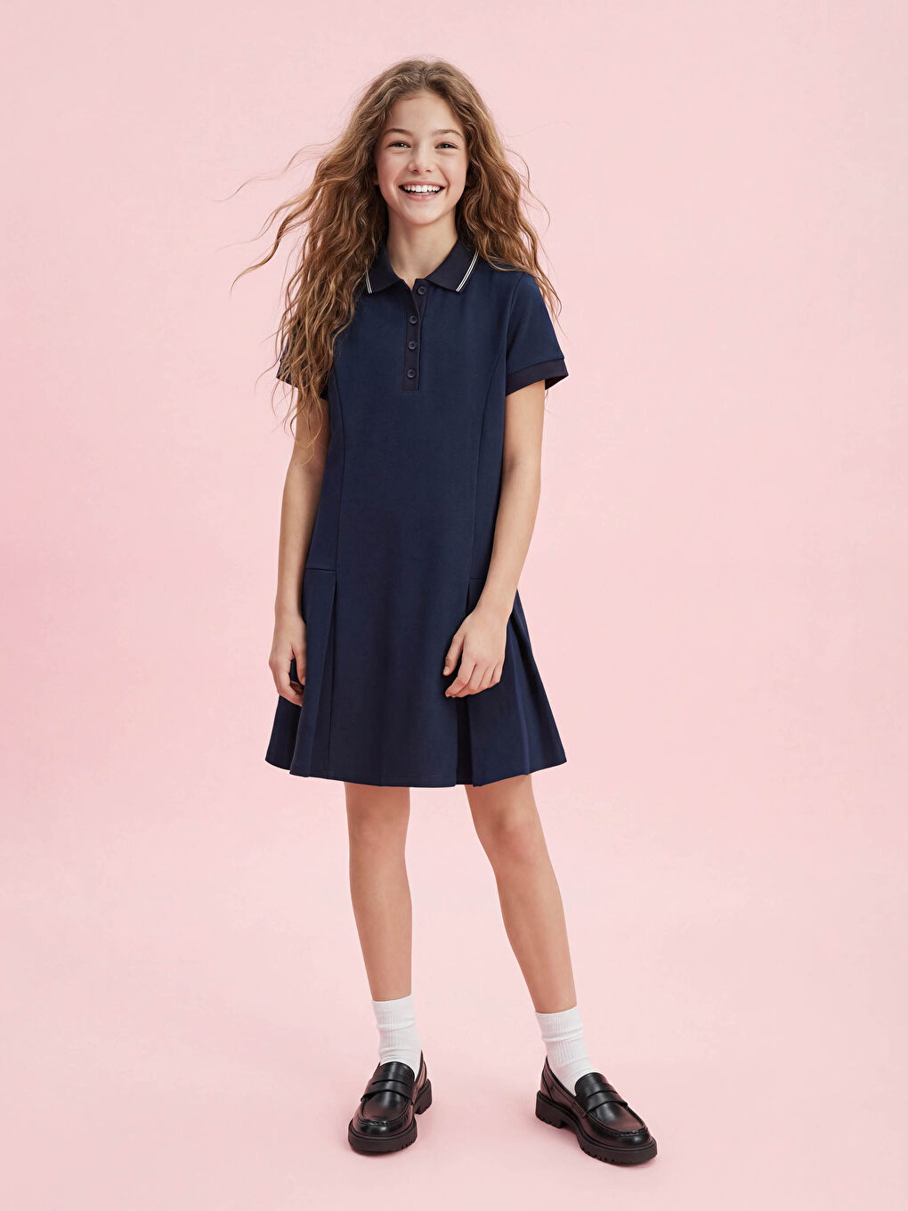 Lacivert Pileli Polo Yaka Kız Çocuk Elbise