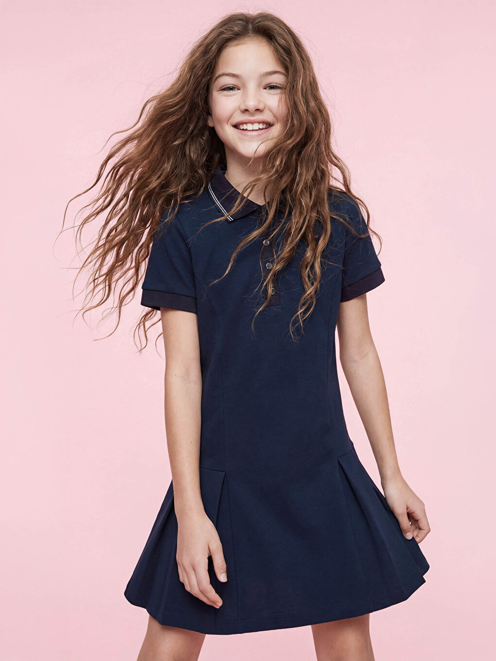 Lacivert Pileli Polo Yaka Kız Çocuk Elbise-1