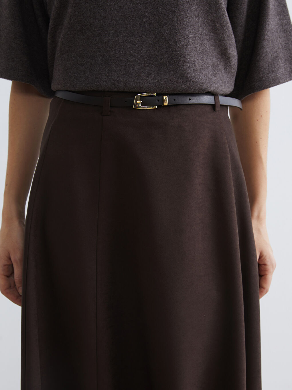 A-line, faux-suede skirt with a belted waist.-2