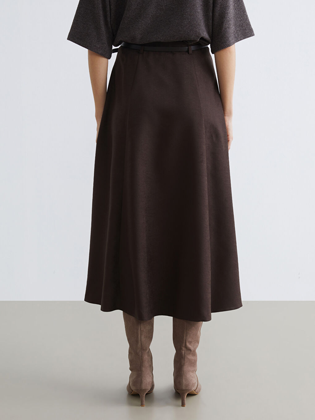 A-line, faux-suede skirt with a belted waist.-3
