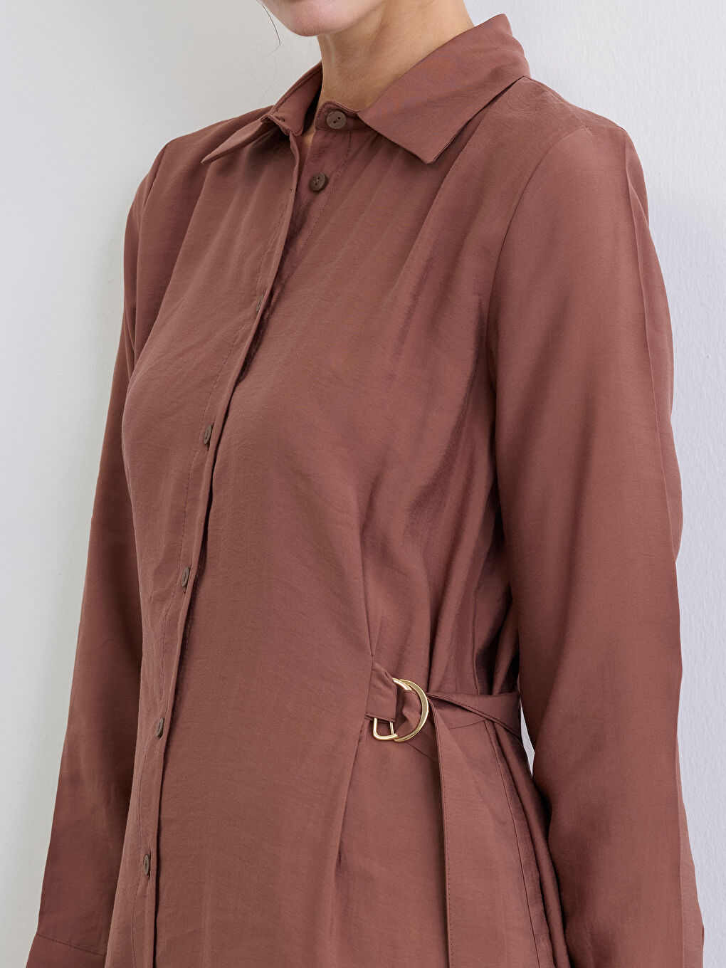 Kahverengi Modal Karışımlı Kemer Detaylı Gömlek Elbise-2