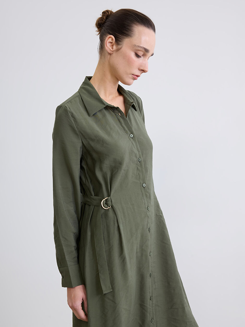 Yeşil Modal Karışımlı Kemer Detaylı Gömlek Elbise