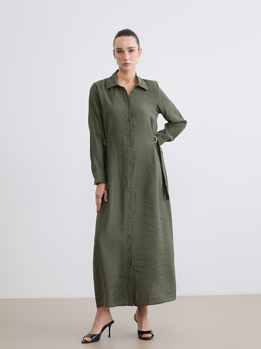 Yeşil Modal Karışımlı Kemer Detaylı Gömlek Elbise-1