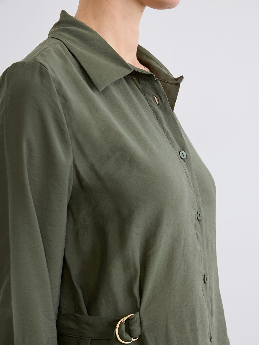 Yeşil Modal Karışımlı Kemer Detaylı Gömlek Elbise-2