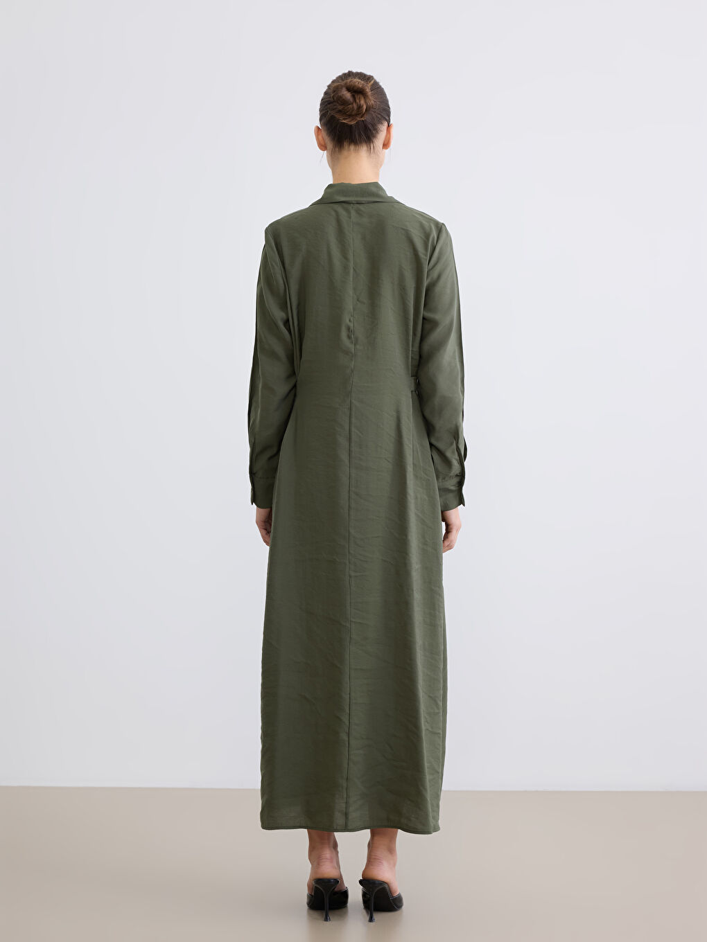 Yeşil Modal Karışımlı Kemer Detaylı Gömlek Elbise-3