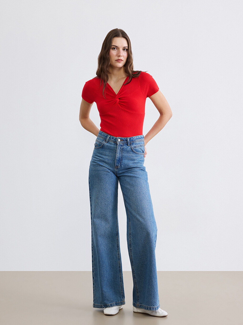 V Neck Ruched Detail Women's Knitwear T-Shirt-1