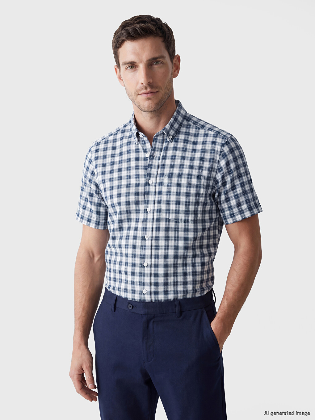 Lacivert Regular Fit Ekose Poplin Erkek Gömlek