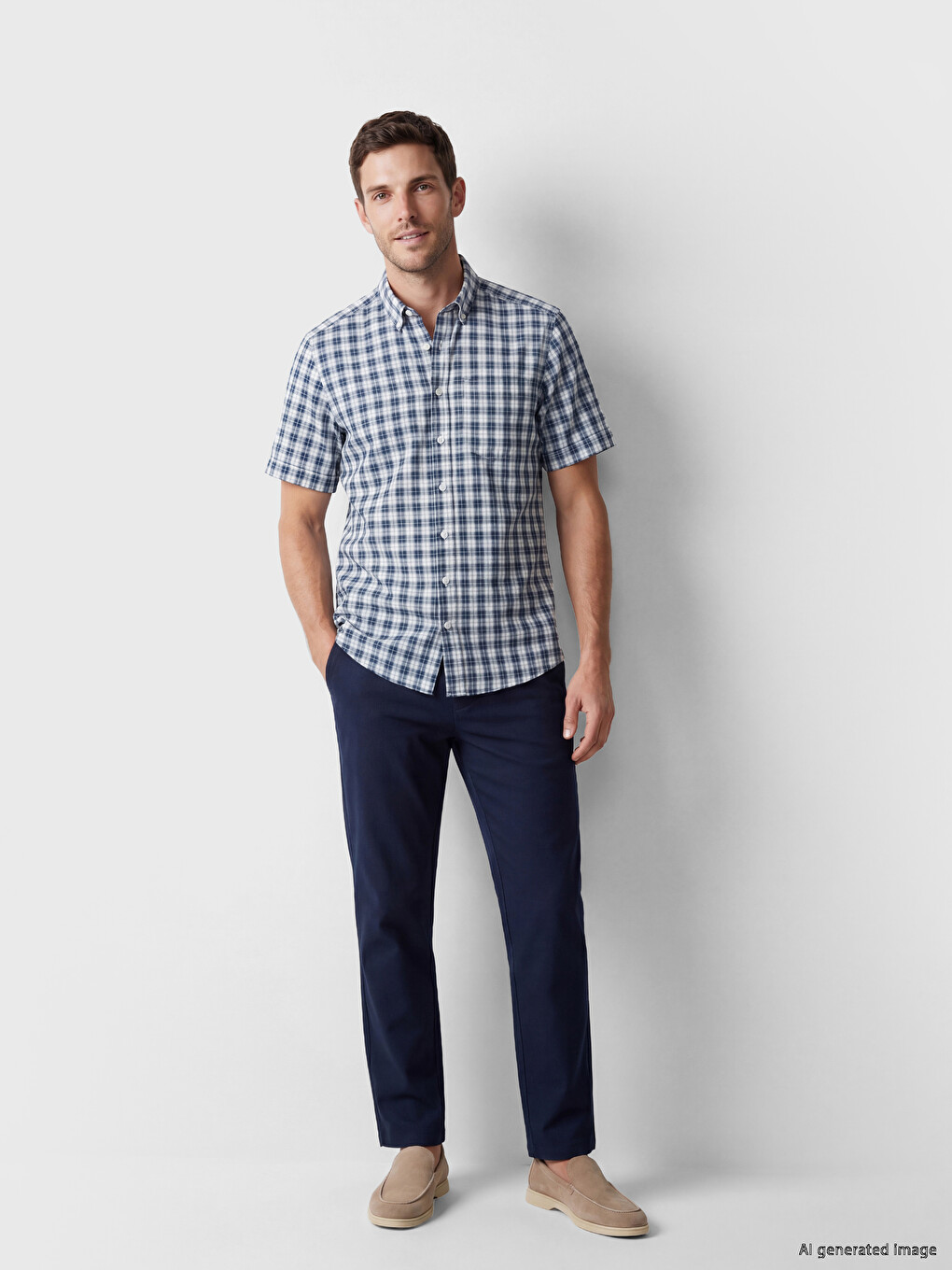 Lacivert Regular Fit Ekose Poplin Erkek Gömlek-1