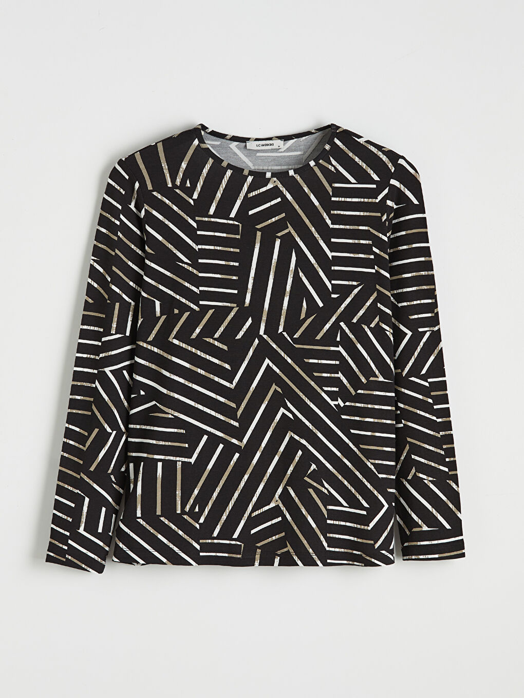 Siyah Bisiklet Yaka Desenli Kadın Tişört-4