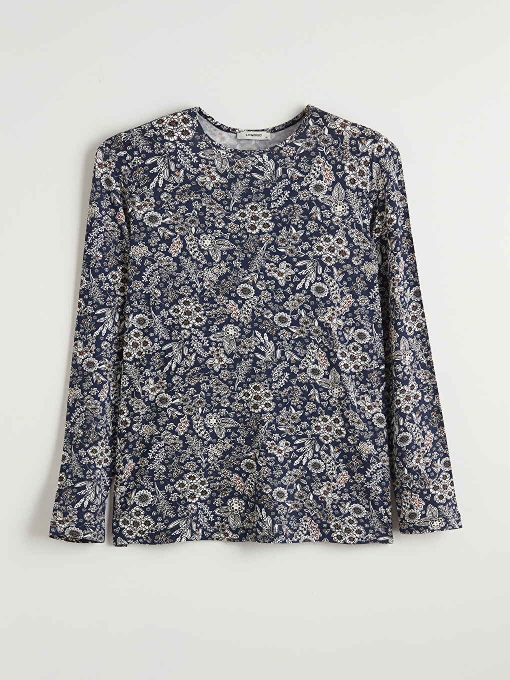 Lacivert Bisiklet Yaka Desenli Kadın Tişört-4