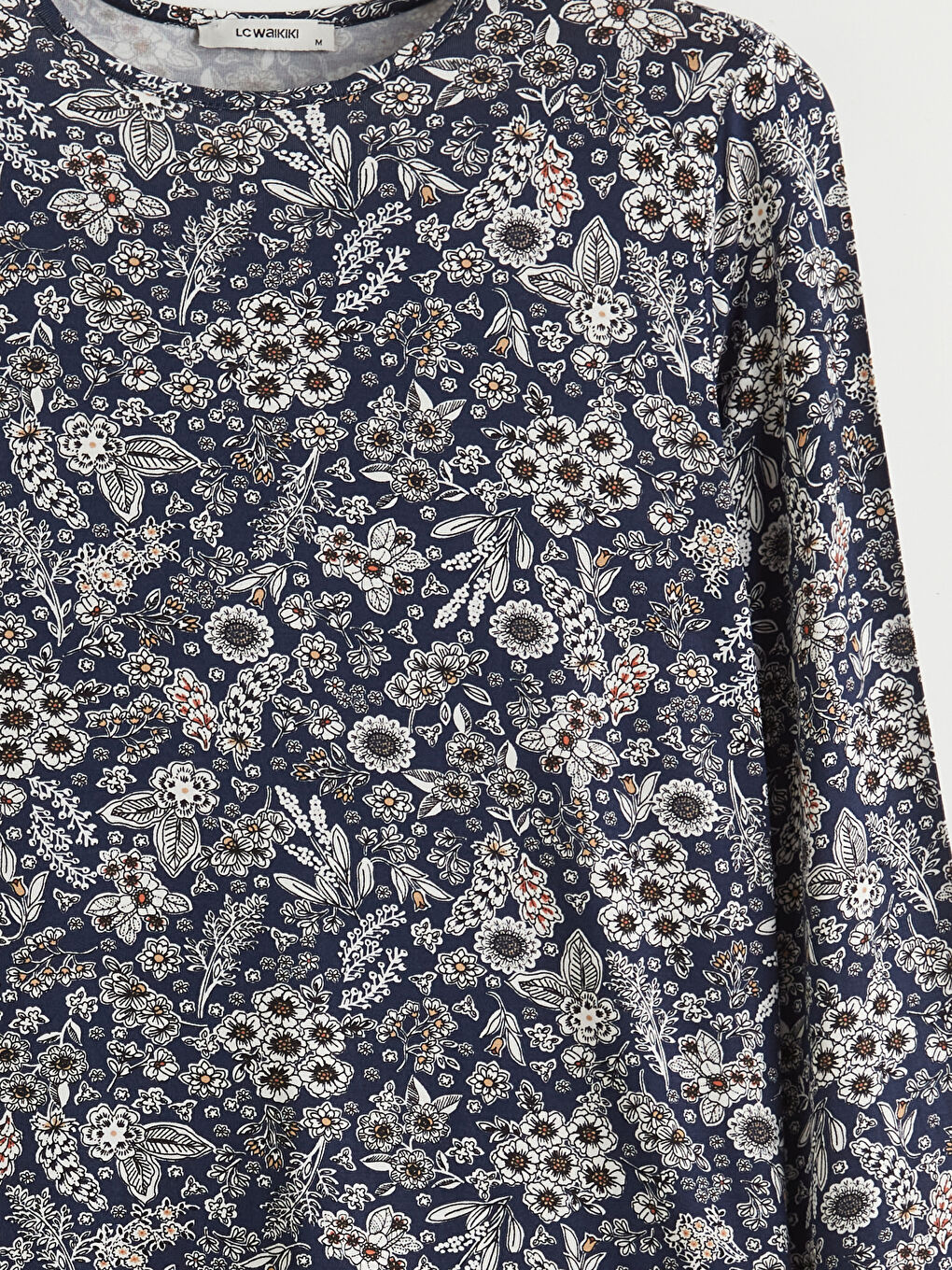 Lacivert Bisiklet Yaka Desenli Kadın Tişört-5