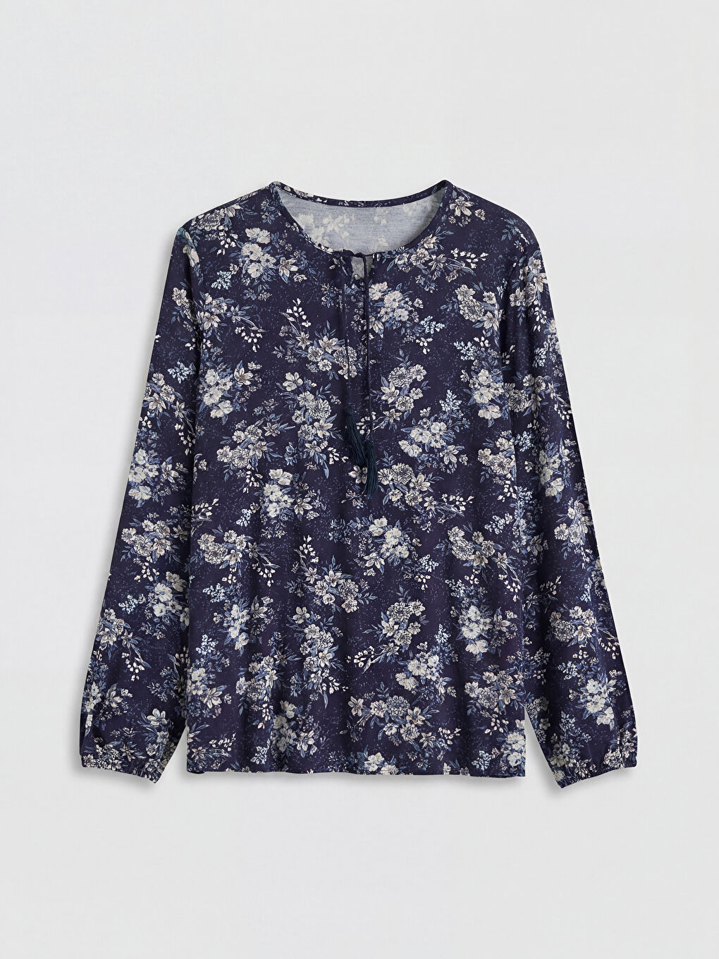 Lacivert Bağlamalı Yaka Çiçekli Bluz-4