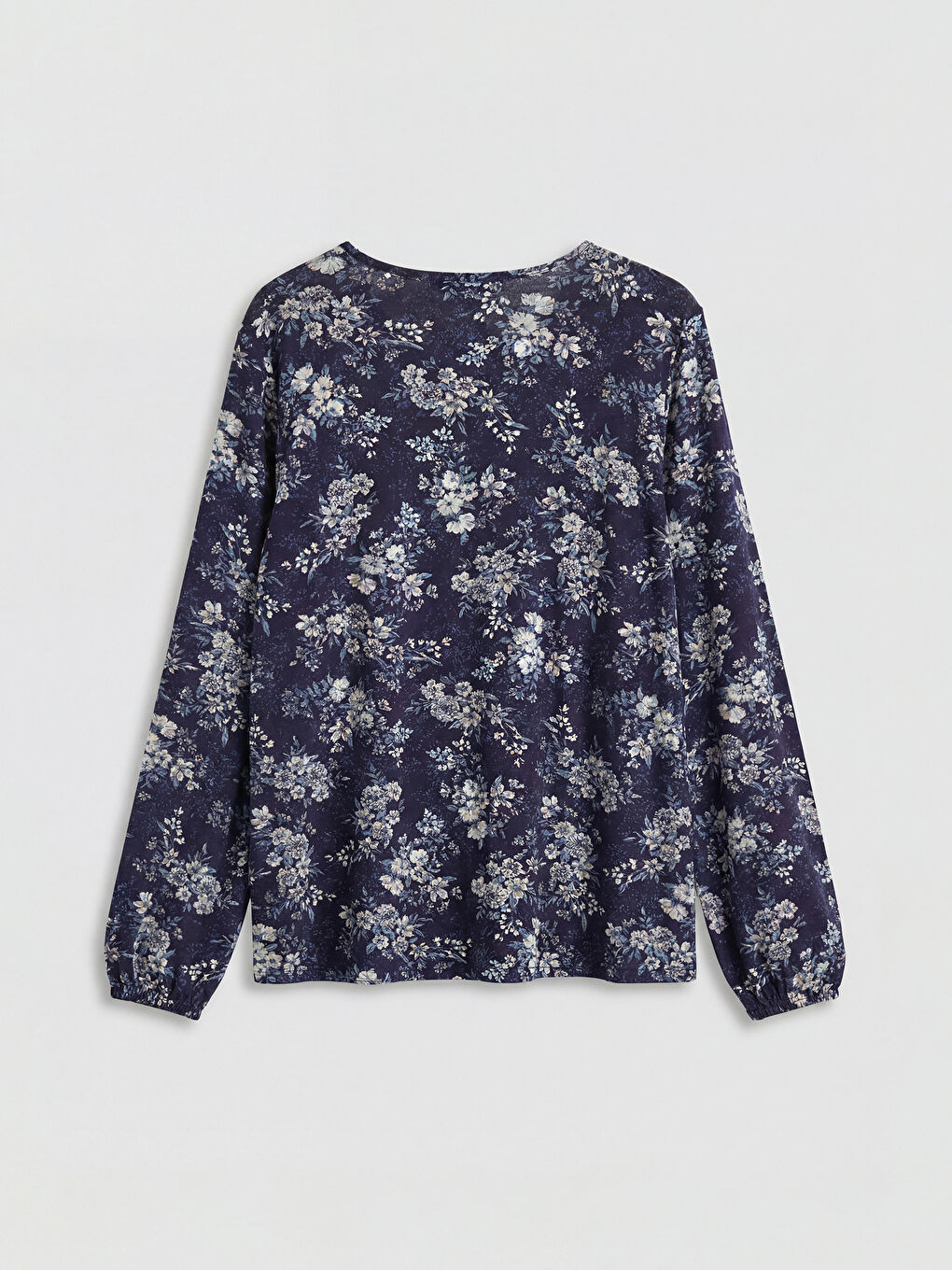 Lacivert Bağlamalı Yaka Çiçekli Bluz-5