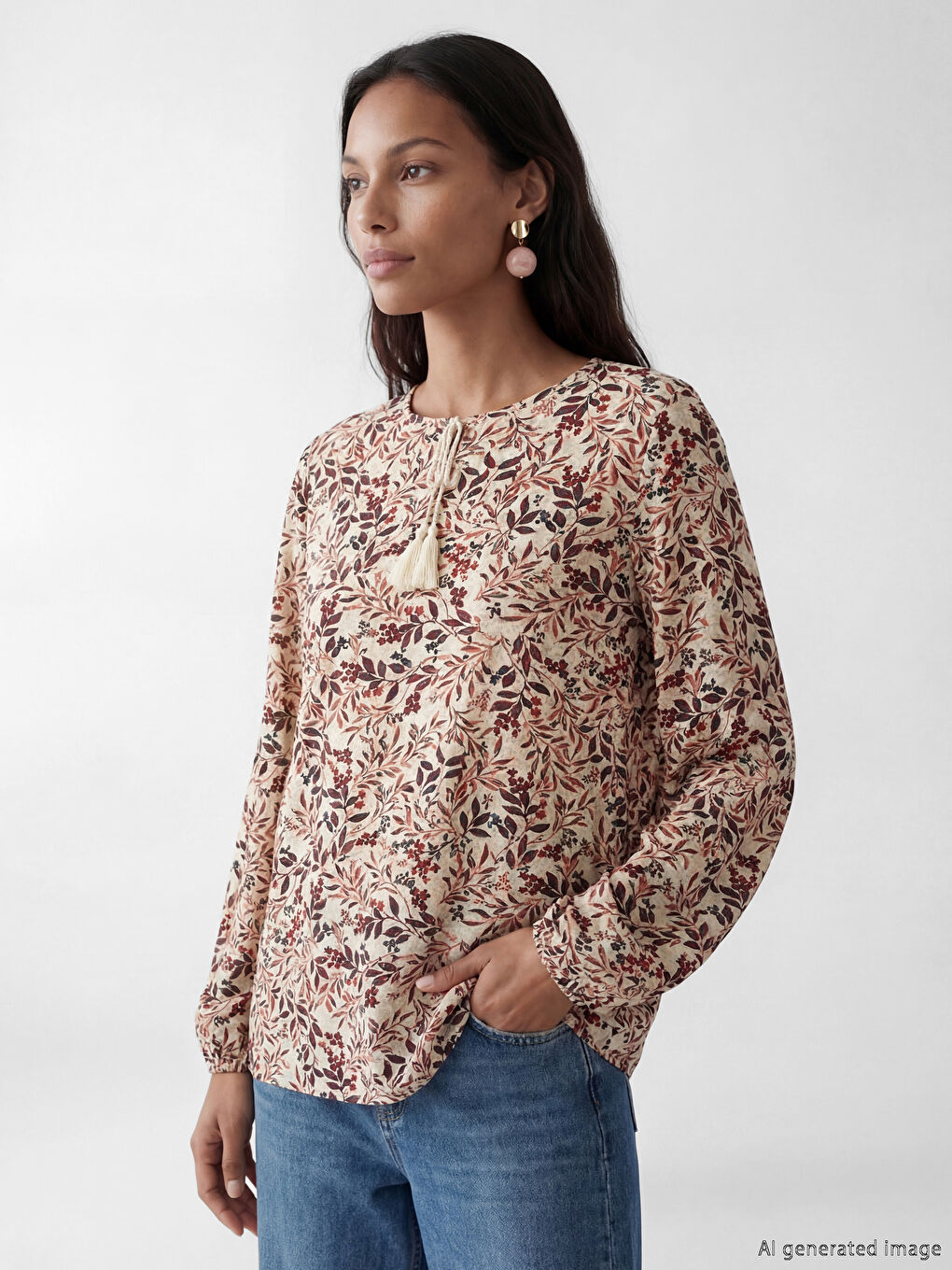 Turuncu Bağlamalı Yaka Çiçekli Bluz