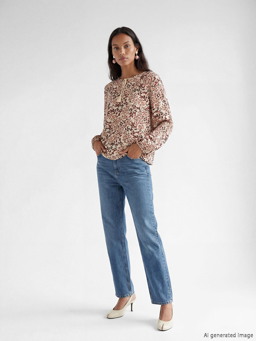 Turuncu Bağlamalı Yaka Çiçekli Bluz-1