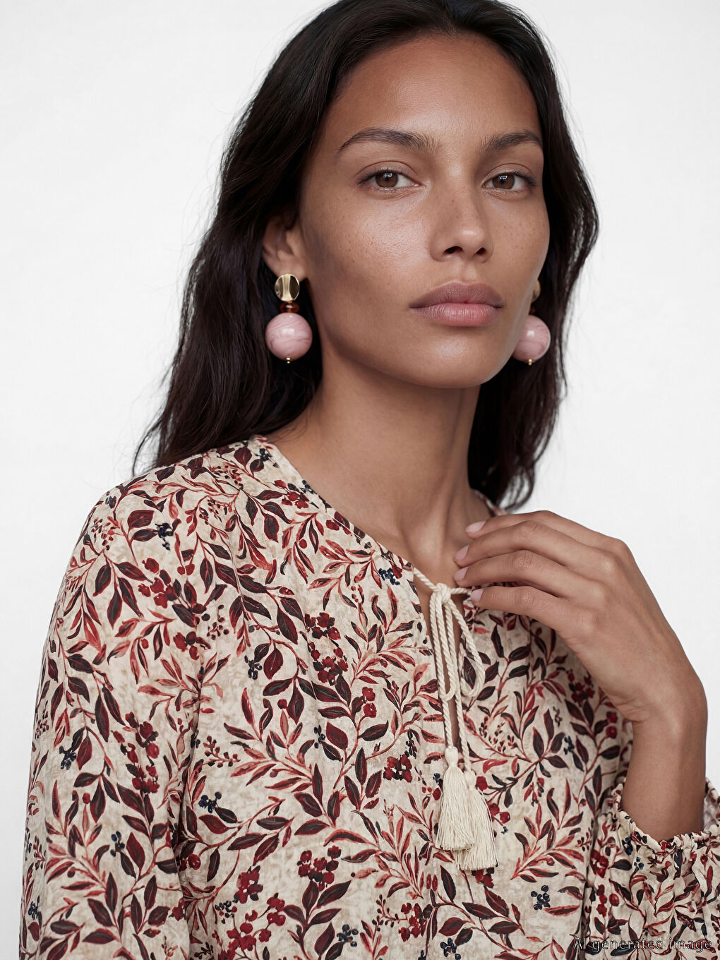 Turuncu Bağlamalı Yaka Çiçekli Bluz-2