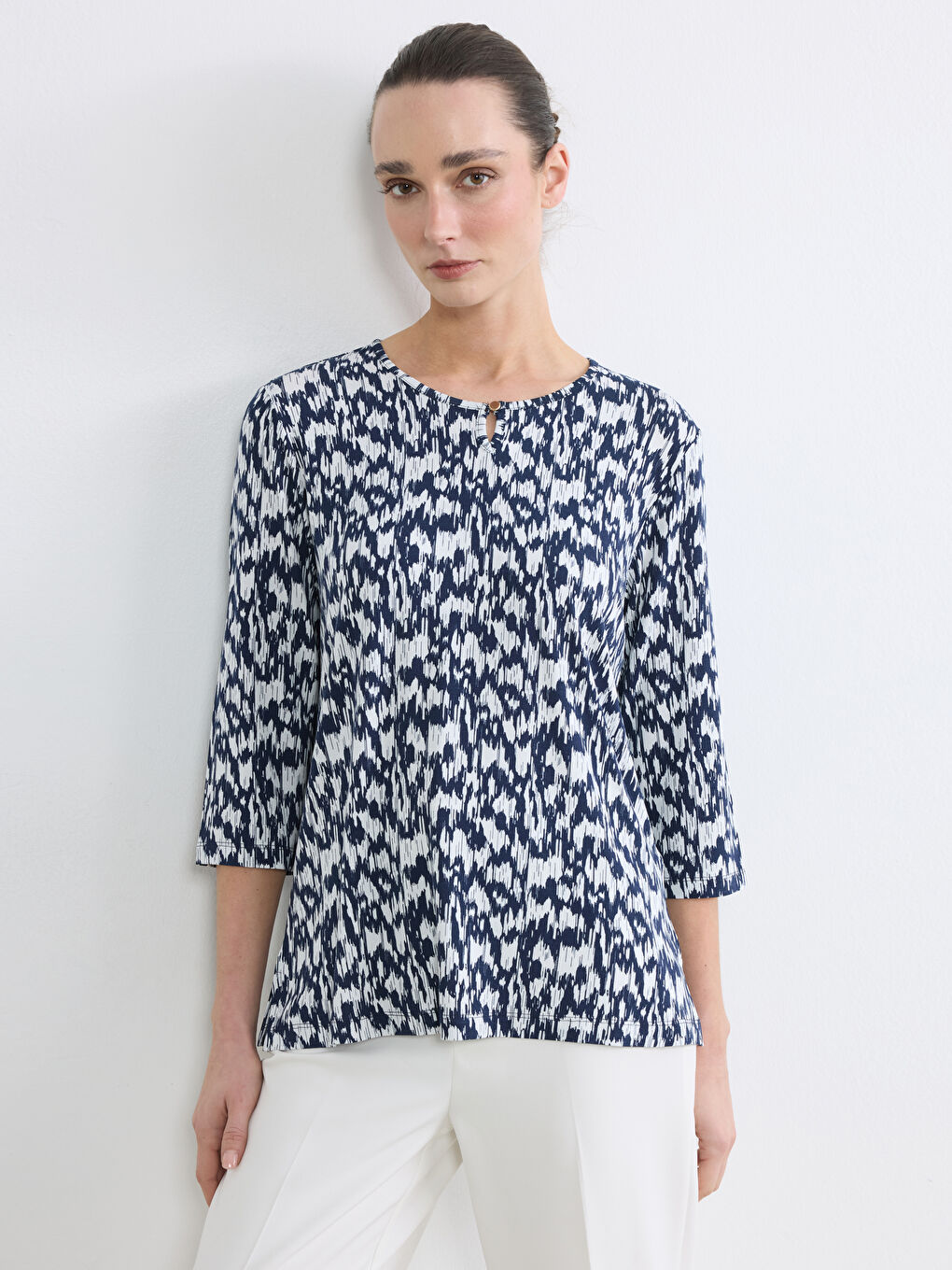 Lacivert Bisiklet Yaka Desenli Bluz	