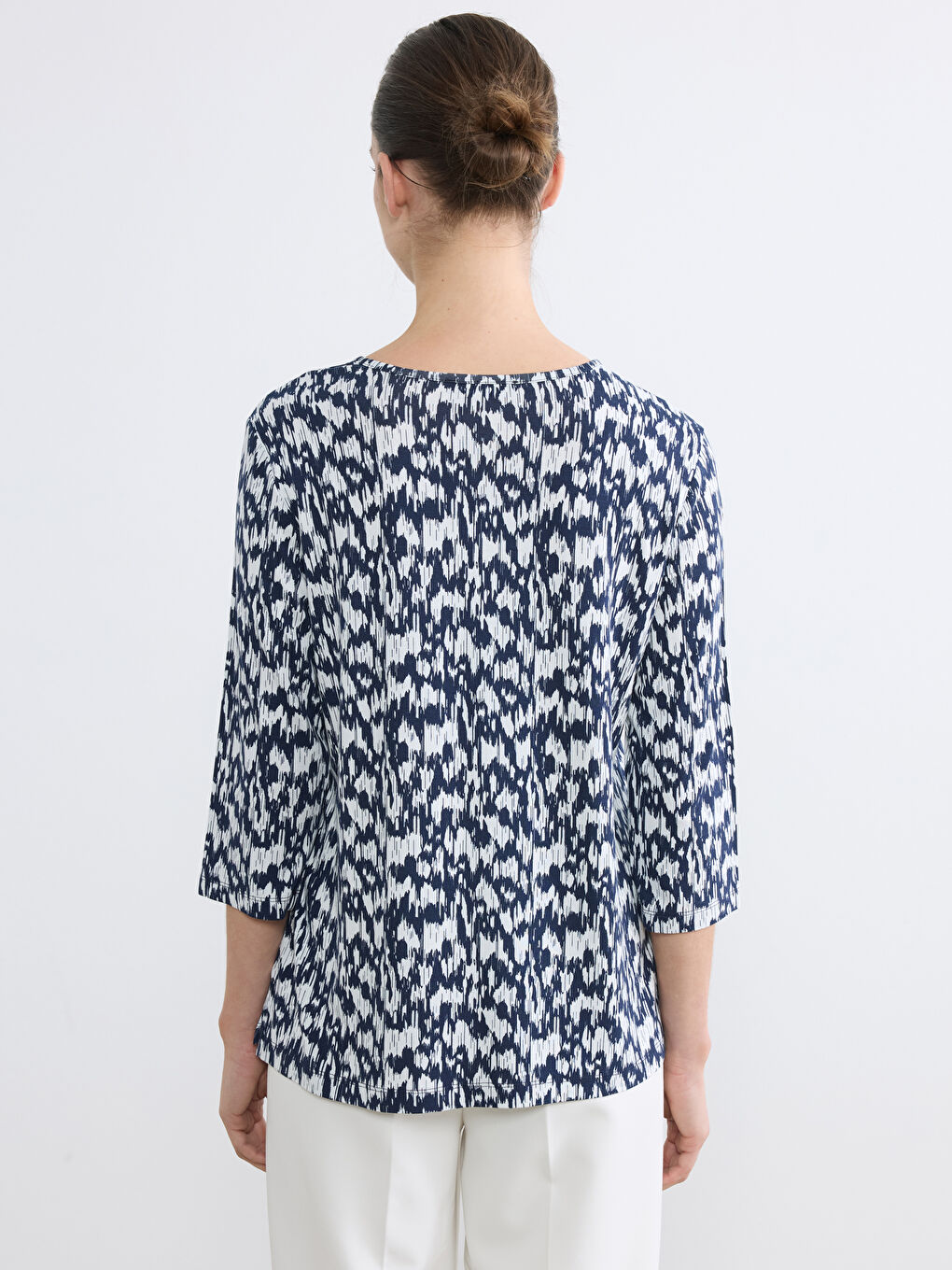 Lacivert Bisiklet Yaka Desenli Bluz	-3