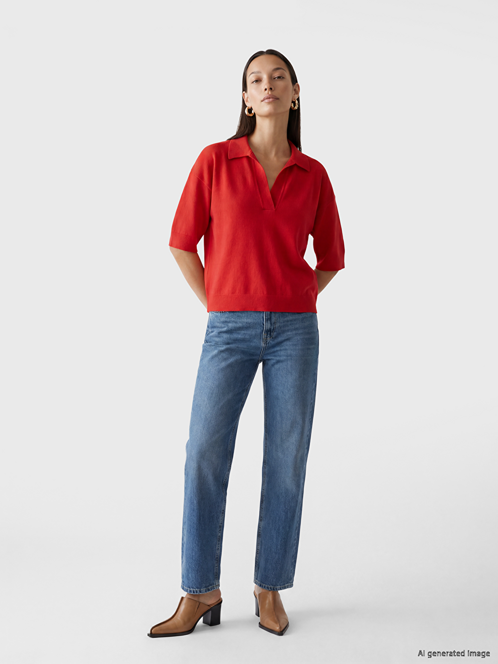 Kırmızı Polo Yaka Oversize Kadın Triko Kazak-1