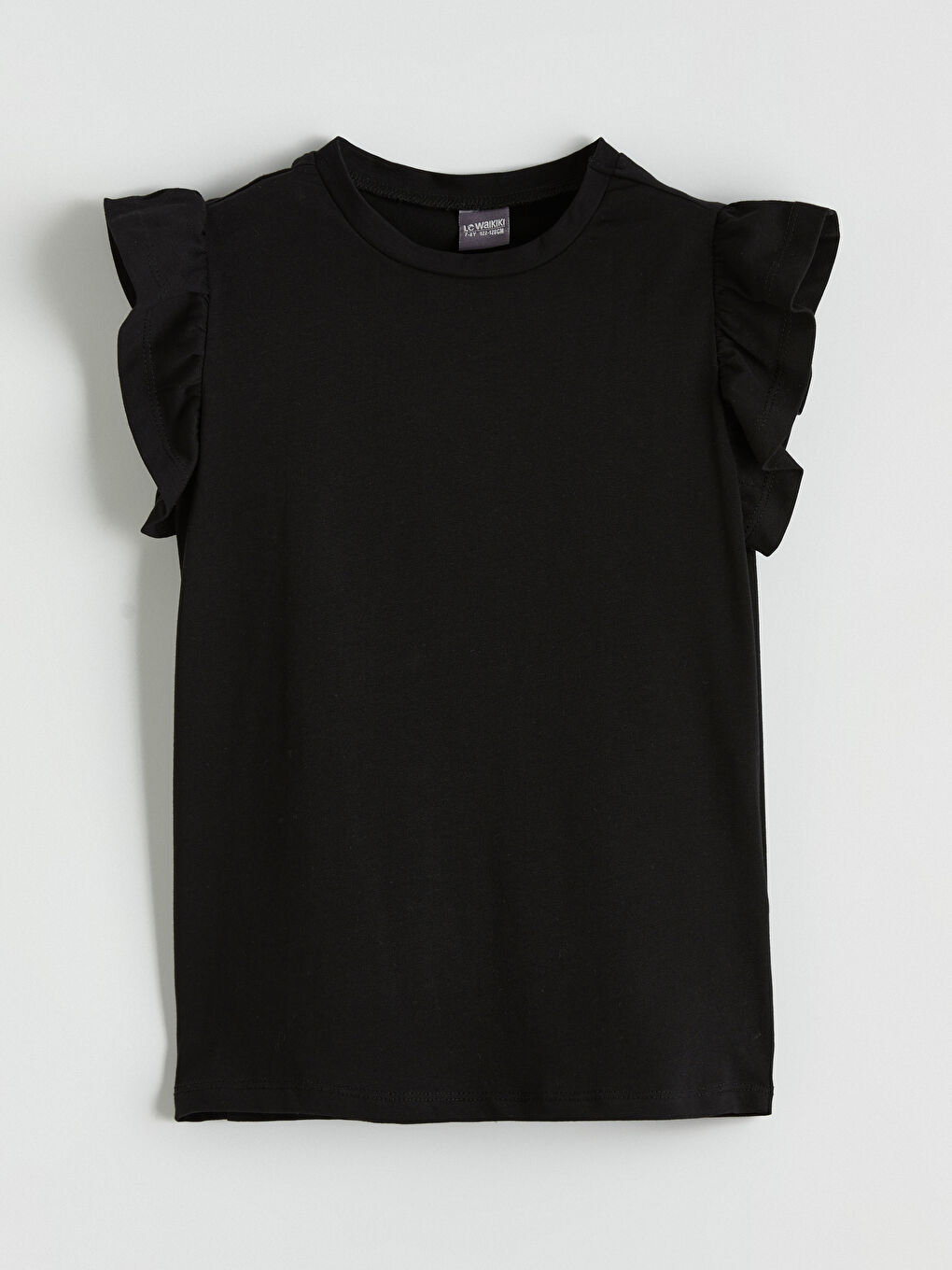 Siyah Bisiklet Yaka Fırfır Kollu Kız Çocuk Tişört