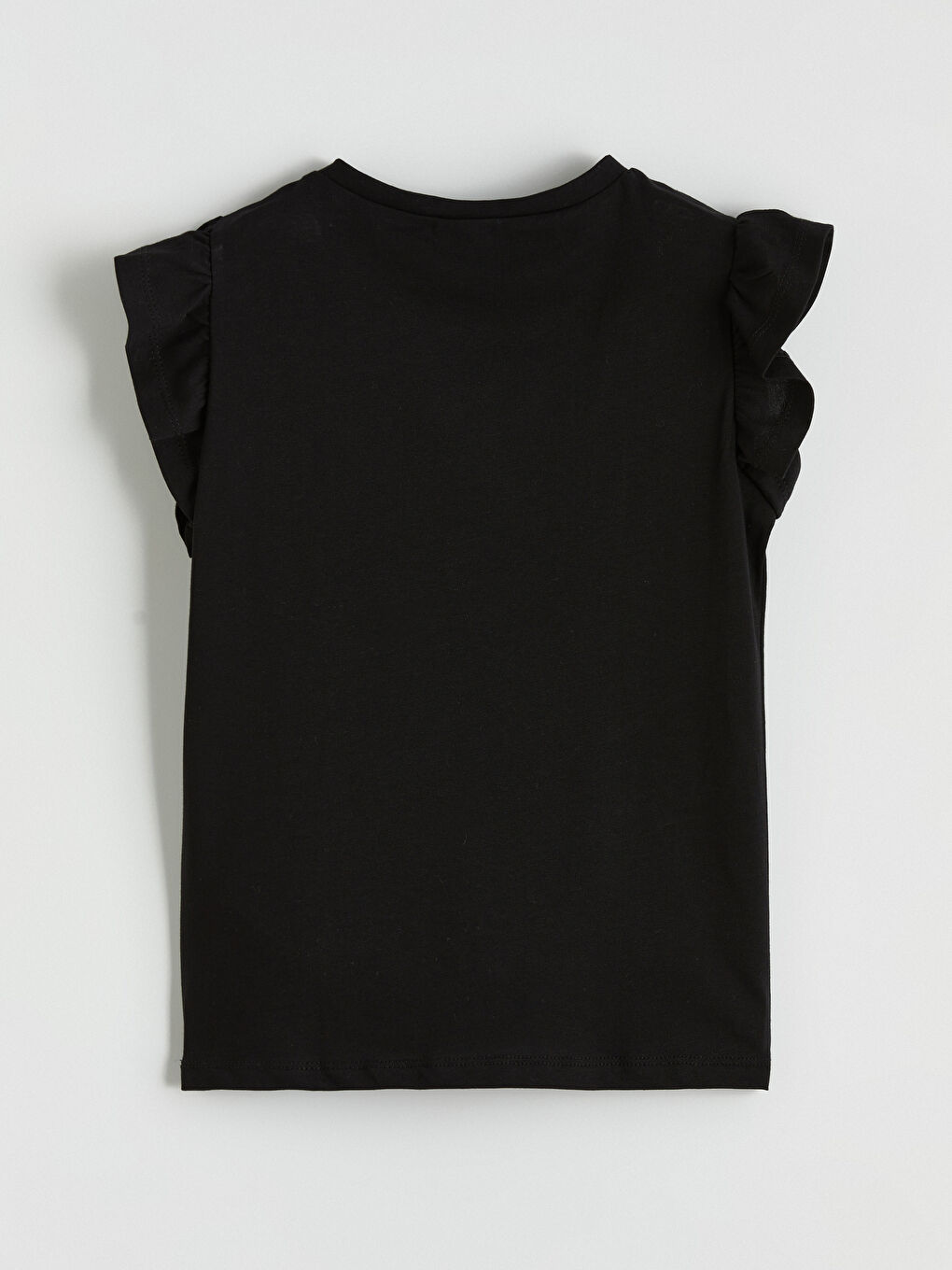 Siyah Bisiklet Yaka Fırfır Kollu Kız Çocuk Tişört-2