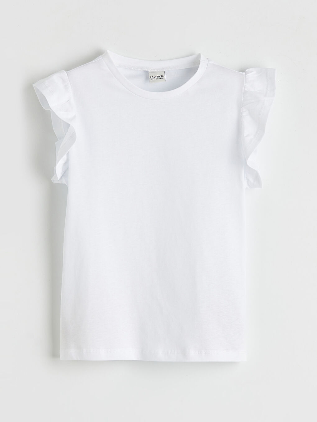 Beyaz Bisiklet Yaka Kısa Kollu Fırfırlı Kız Çocuk Tişört