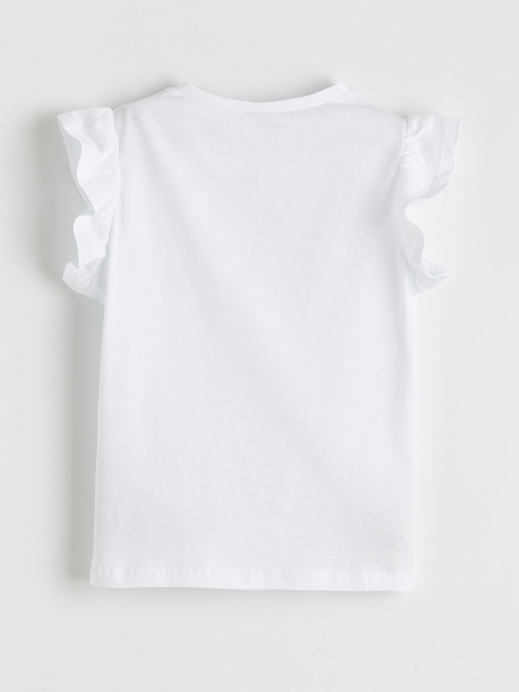 Beyaz Bisiklet Yaka Kısa Kollu Fırfırlı Kız Çocuk Tişört-1
