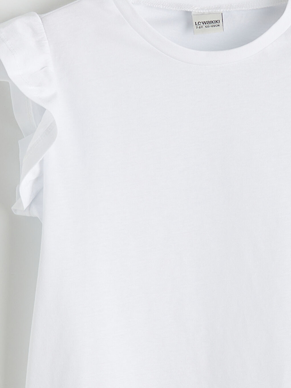 Beyaz Bisiklet Yaka Kısa Kollu Fırfırlı Kız Çocuk Tişört-2