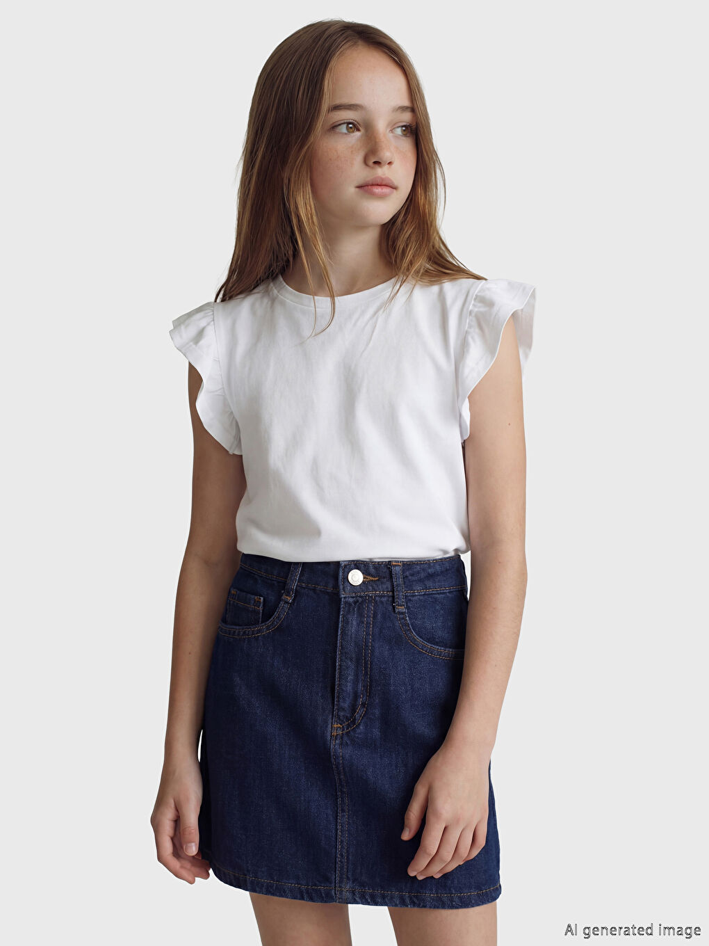 Crew Neck Short Sleeve Frilled Girl's T-Shirt