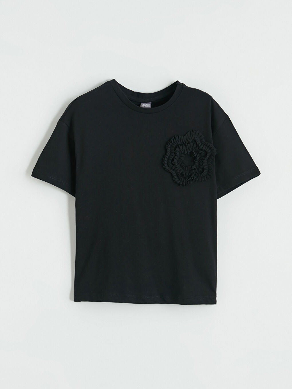 Siyah Bisiklet Yaka Çiçek Aplikeli Kız Çocuk Tişört