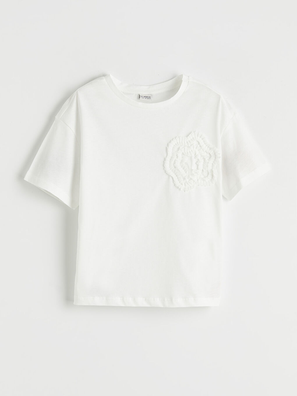 Ekru Bisiklet Yaka Çiçek Aplikeli Kız Çocuk Tişört