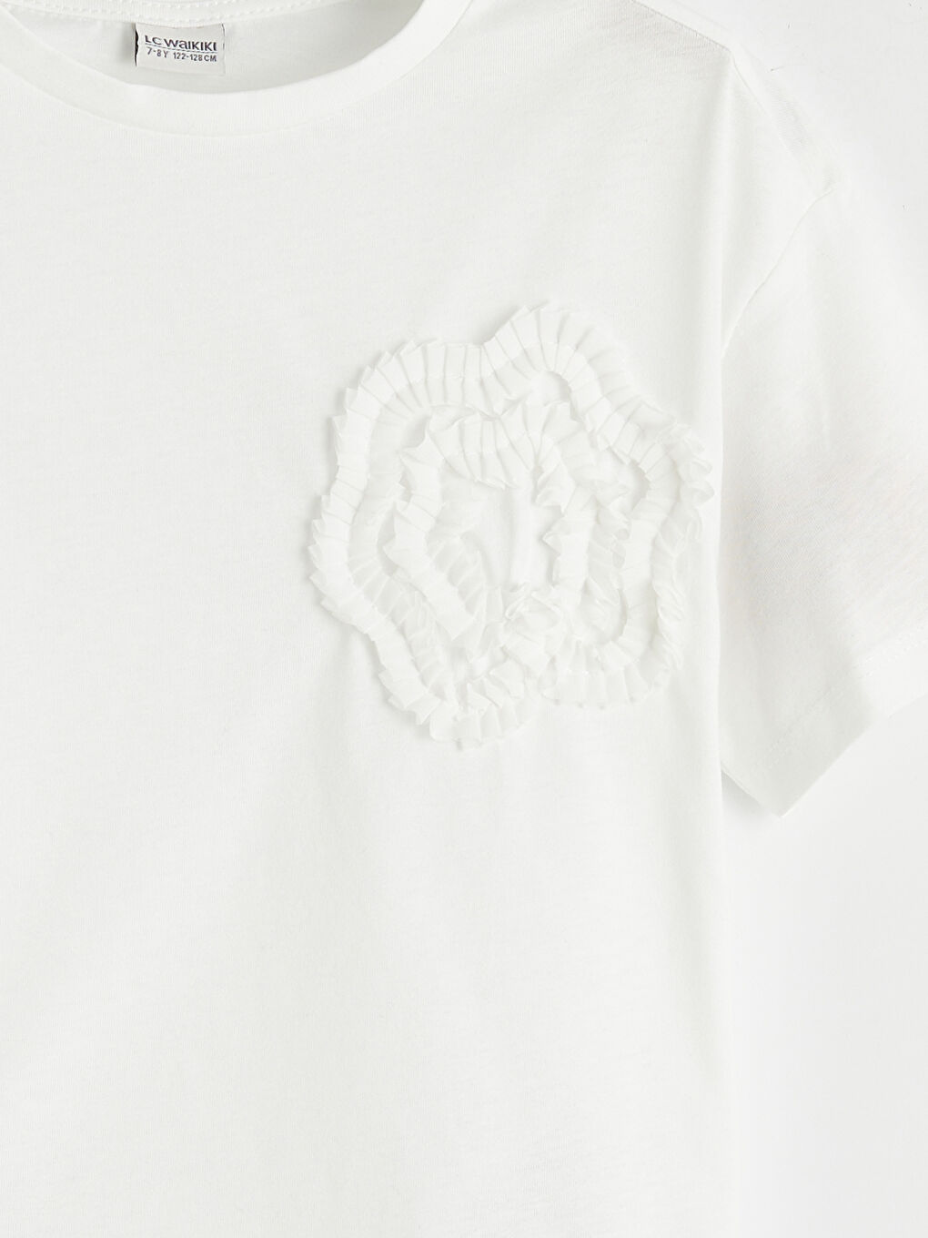 Ekru Bisiklet Yaka Çiçek Aplikeli Kız Çocuk Tişört-2