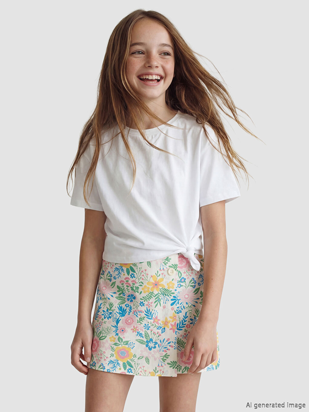 Beyaz Bisiklet Yaka Kız Çocuk Tişört