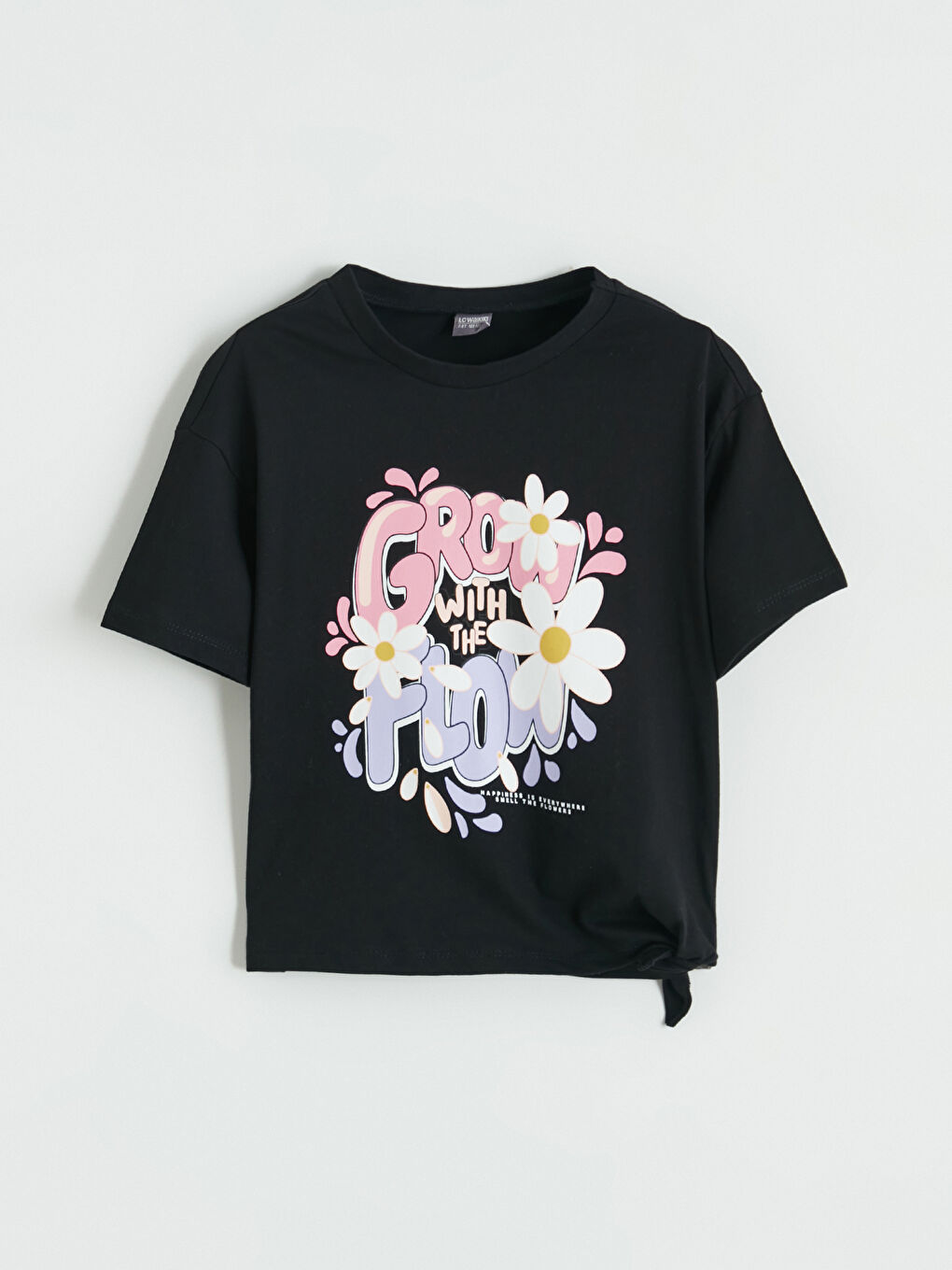 Siyah Bisiklet Yaka Baskılı Kız Çocuk Tişört