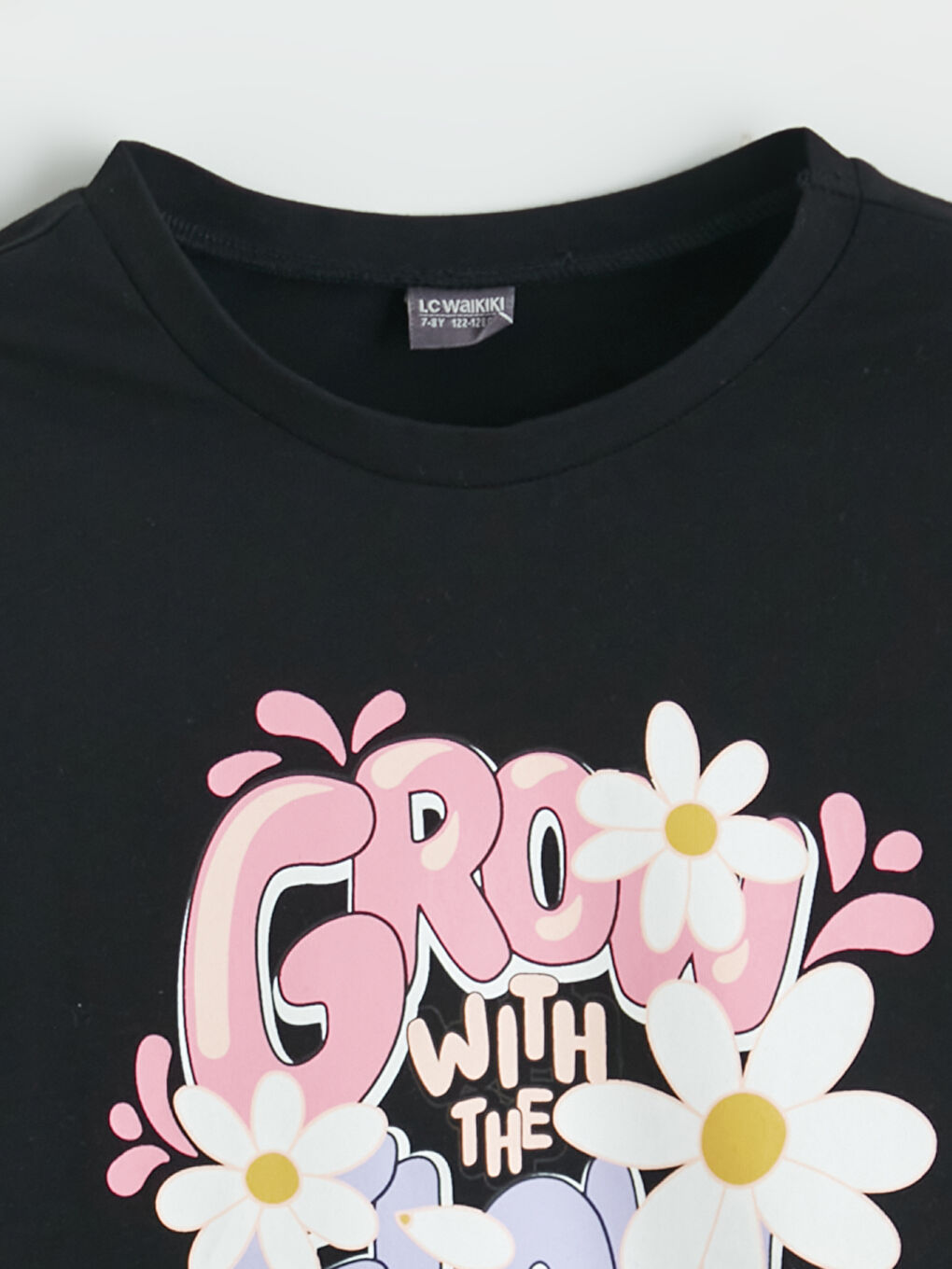 Siyah Bisiklet Yaka Baskılı Kız Çocuk Tişört-1