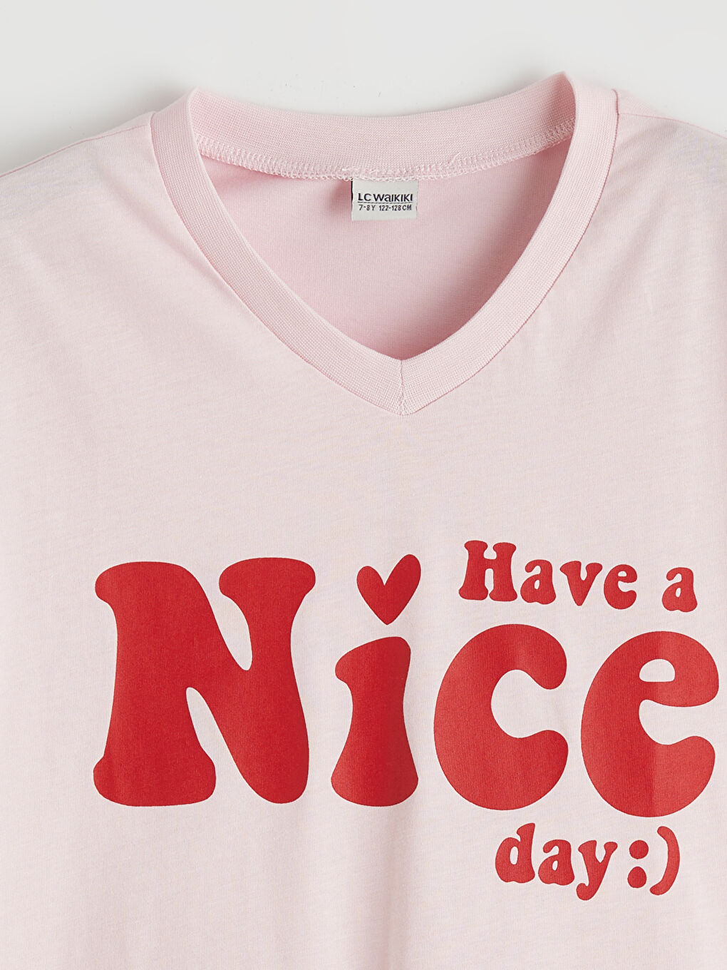 Pembe V Yaka Kısa Kollu Baskılı Kız Çocuk Tişört-1