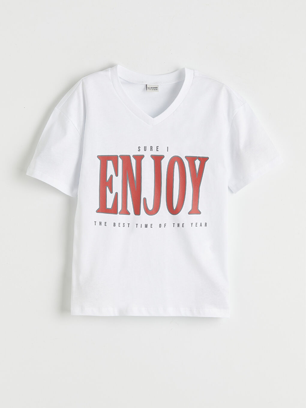 Beyaz V Yaka Baskılı Kız Çocuk Tişört