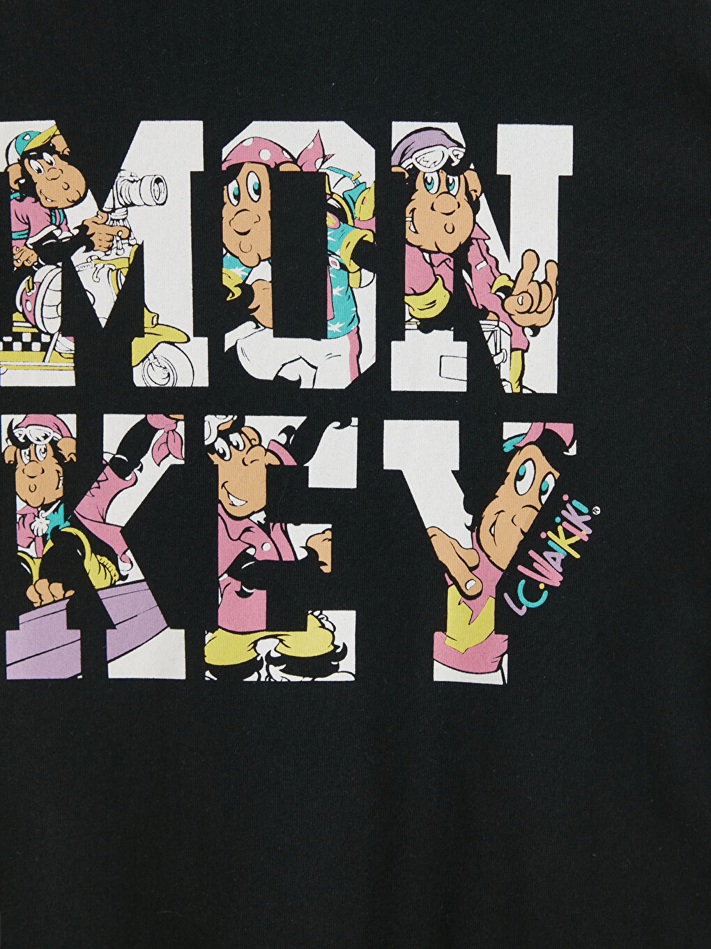 Siyah Nostaljik Maymun Baskılı Kız Çocuk Tişört-4