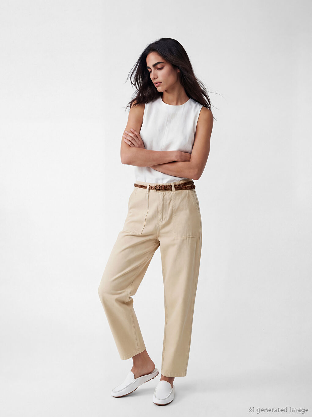 Bej Beli Kemerli Carrot Fit Kadın Jean Pantolon