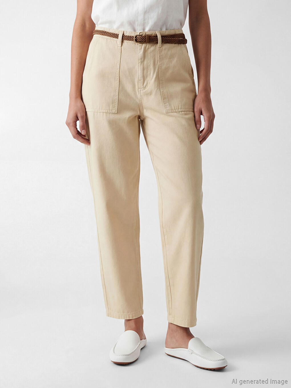 Bej Beli Kemerli Carrot Fit Kadın Jean Pantolon-1