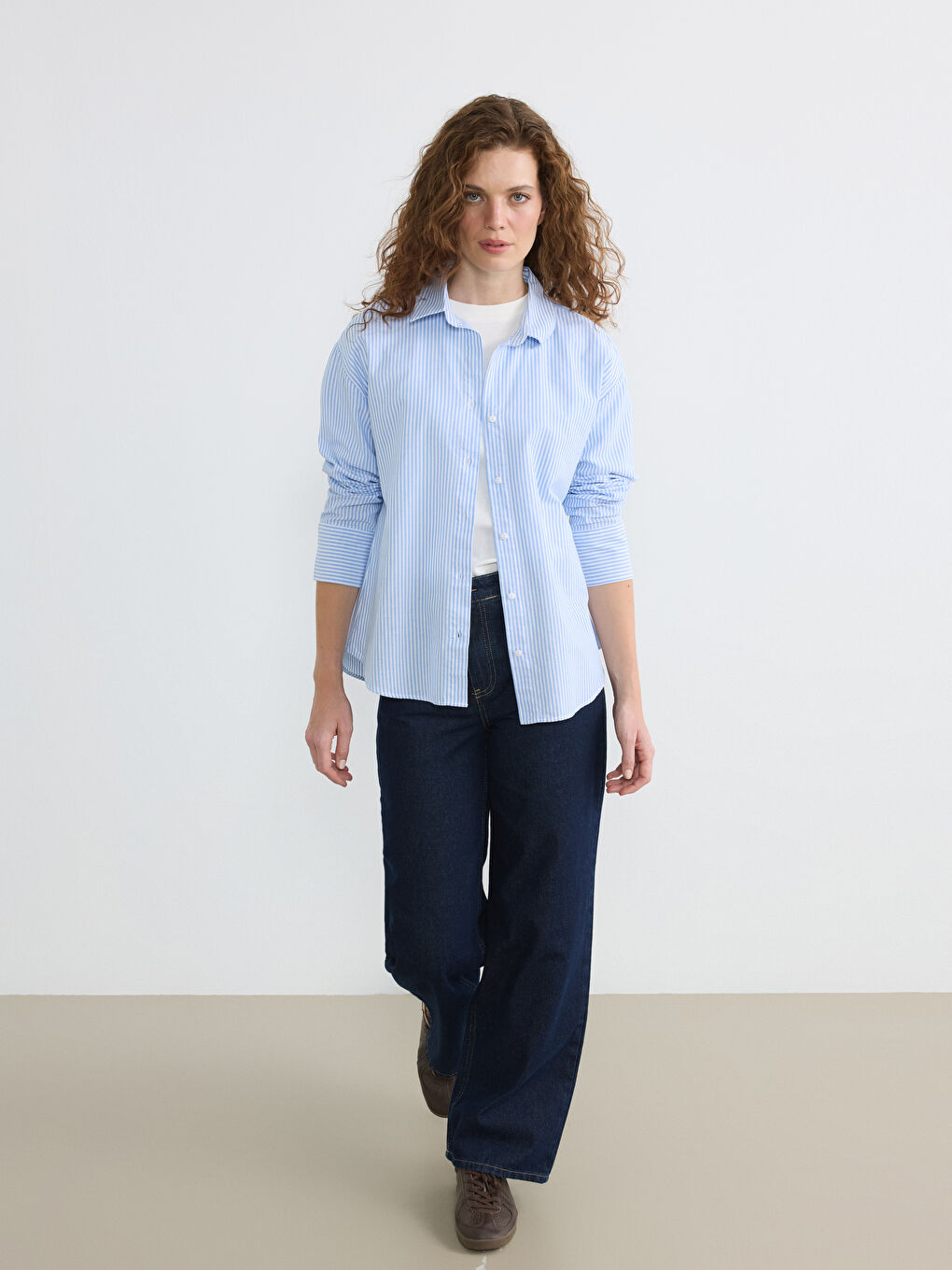 Mavi Çizgili Poplin Kadın Gömlek-1