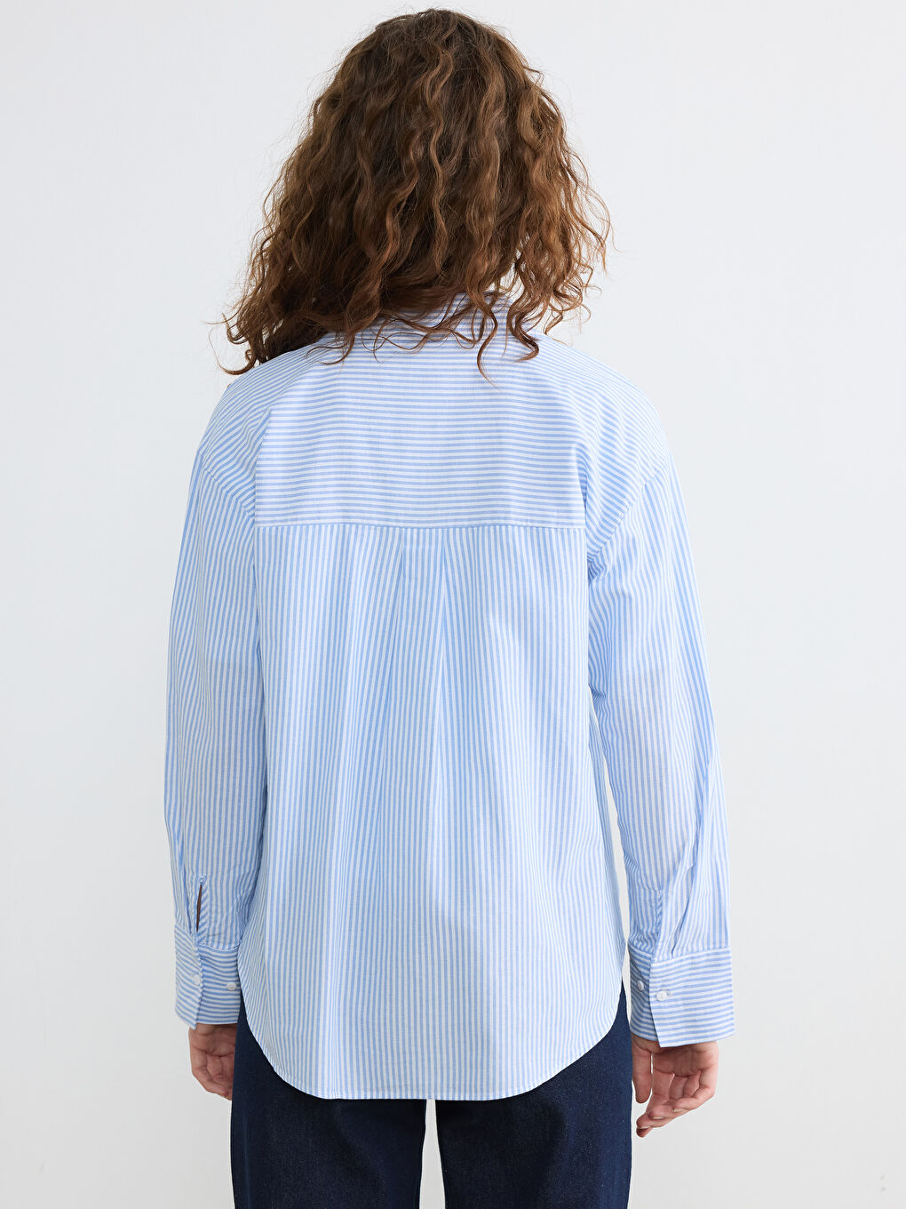 Mavi Çizgili Poplin Kadın Gömlek-3