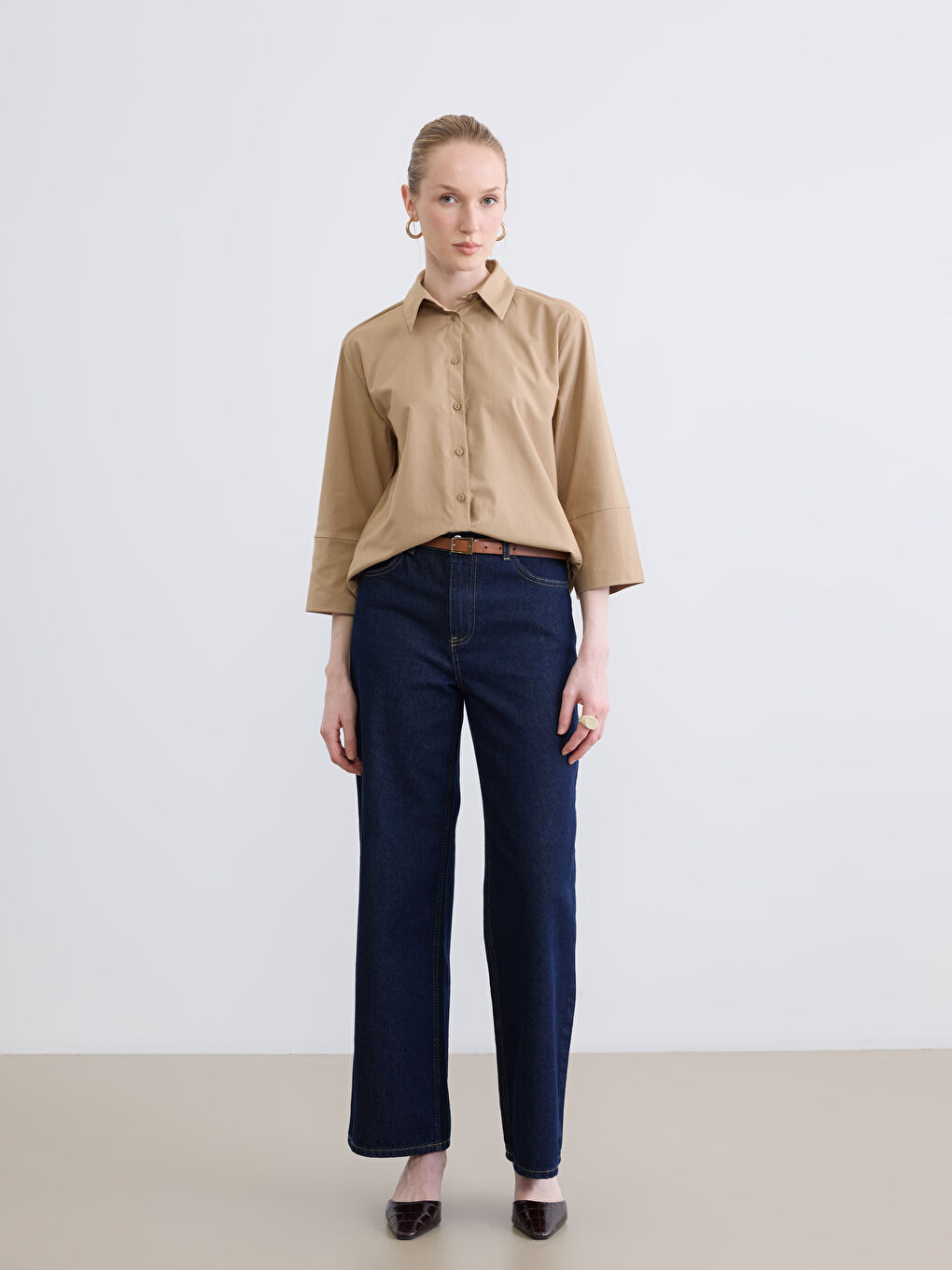 Bej Poplin Kadın Gömlek-1