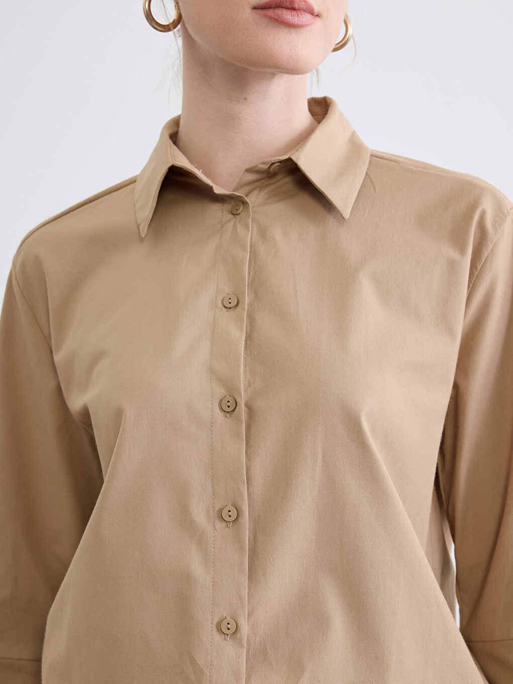 Bej Poplin Kadın Gömlek-2