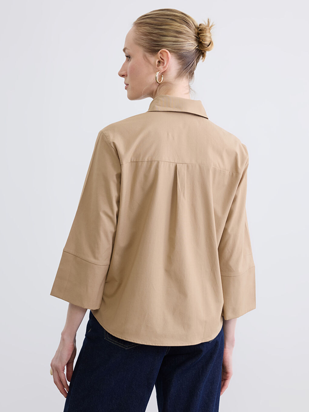 Bej Poplin Kadın Gömlek-3