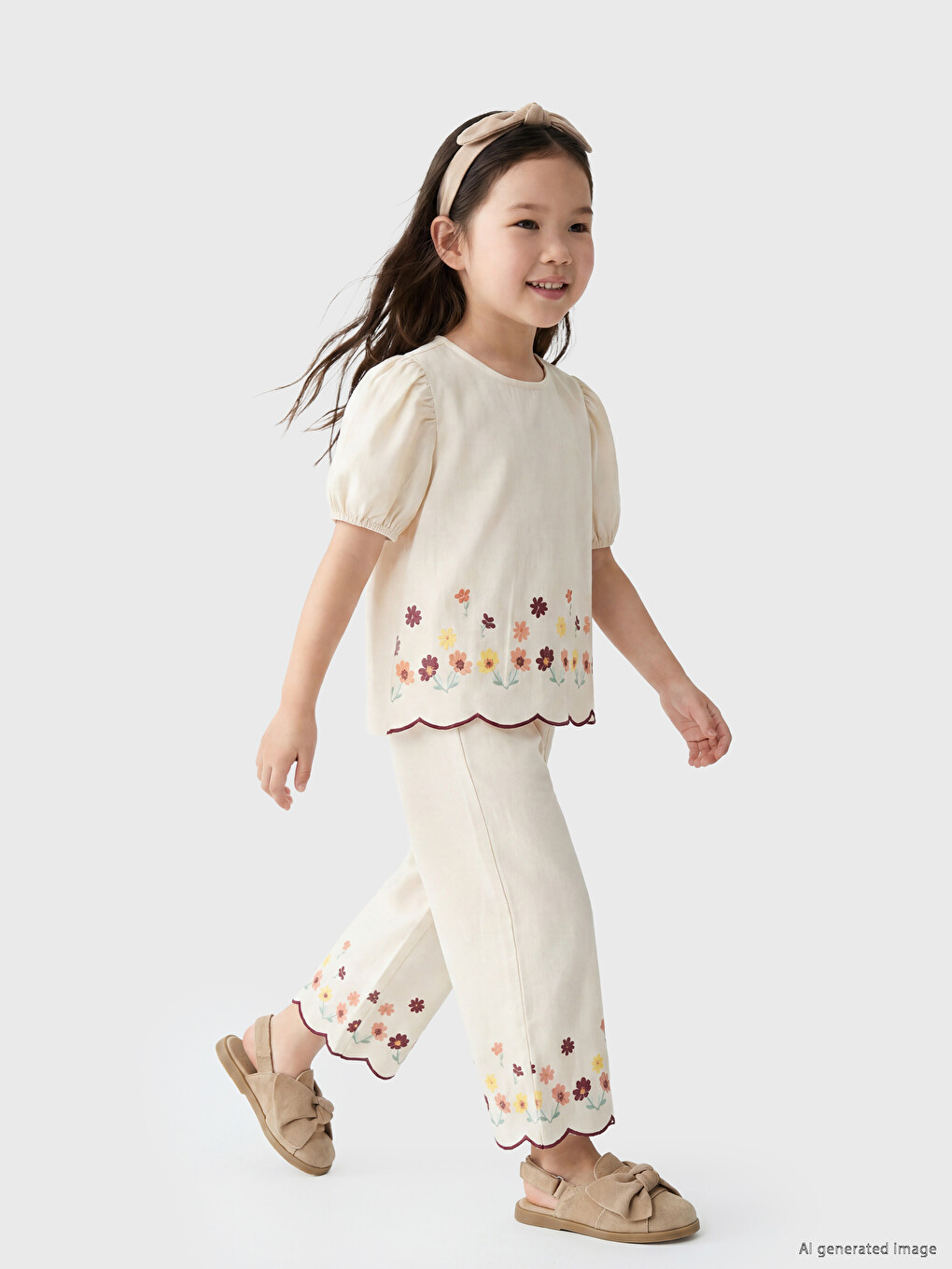 LCW Kids Bej Çiçek Nakışlı Kız Çocuk Takım